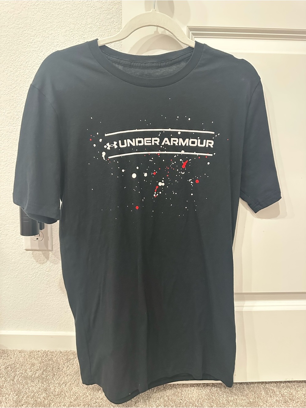 Under Armour Black Short Sleeve Tee with White Logo and Red Paint-Splash
